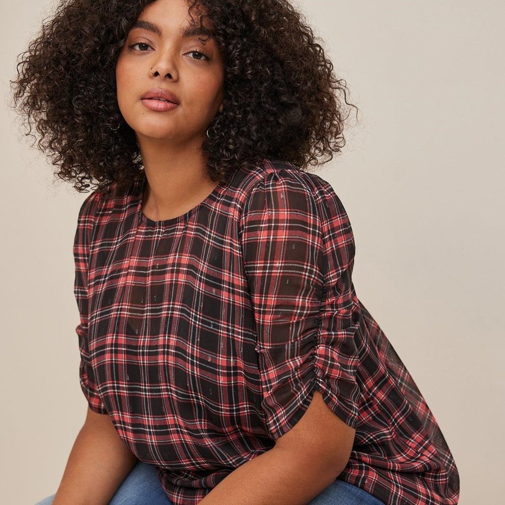 Torrid - Chiffon Lurex Ruched Sleeve Blouse in Plaid Red & Black
